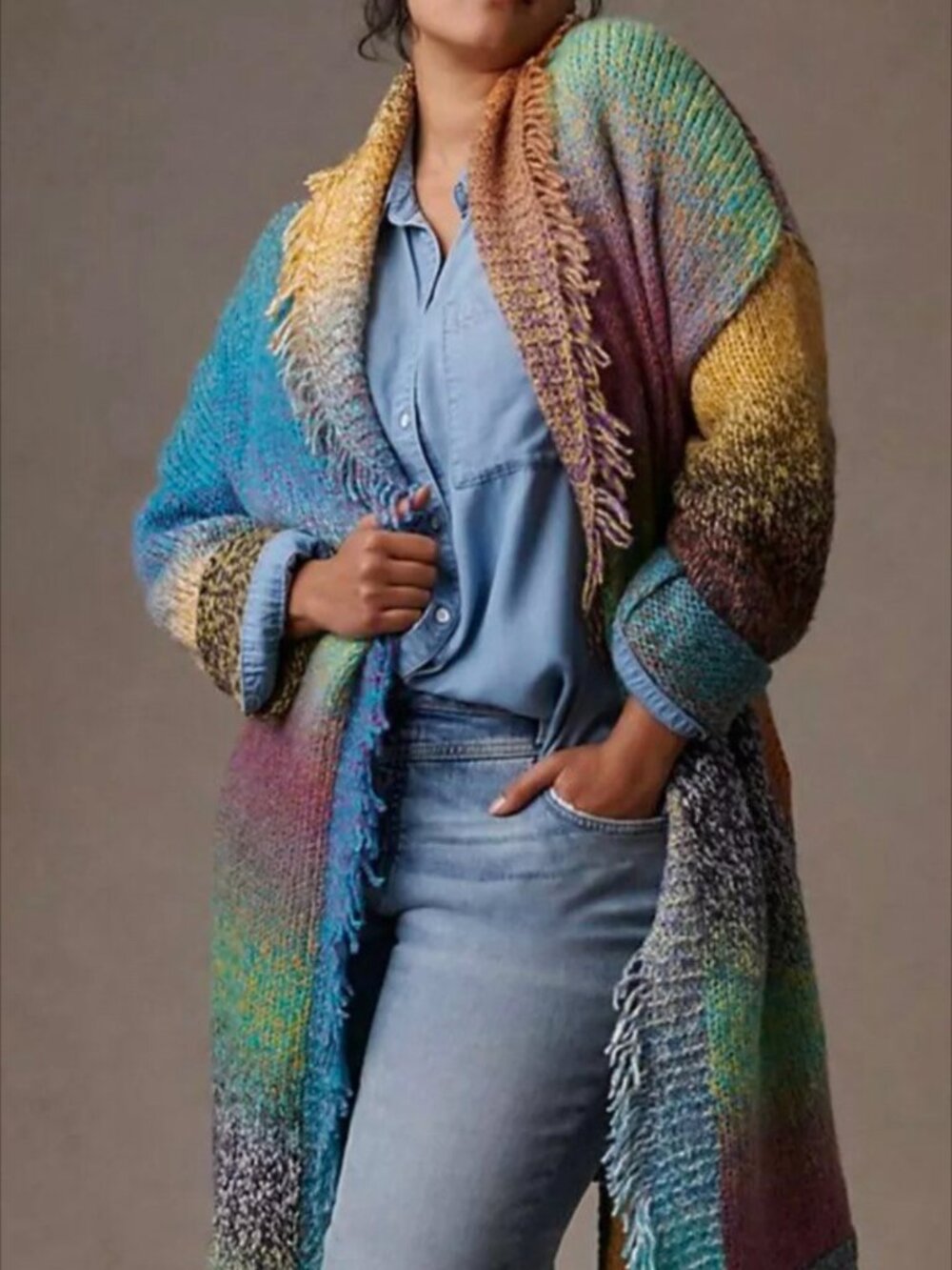 Anthropologie Greylin Belted Rainbow Fringe Sweater XS